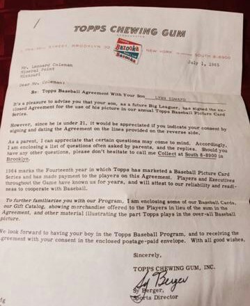 Contract that Lynn Coleman signed with Topps Baseball Cards