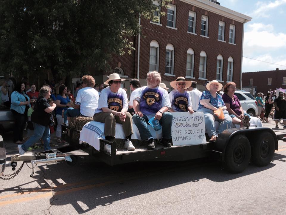 Judy Duvall Duncan shared this photo of the Hay ride float provided by and driven by Marvin Heifner.  On the float are:Left to right, facing the camera, are: Janet Roussin Bennett, David Weiss, Mary Jane Boyer Chapman, Bonita Fitzwater Bourbon, and Sister