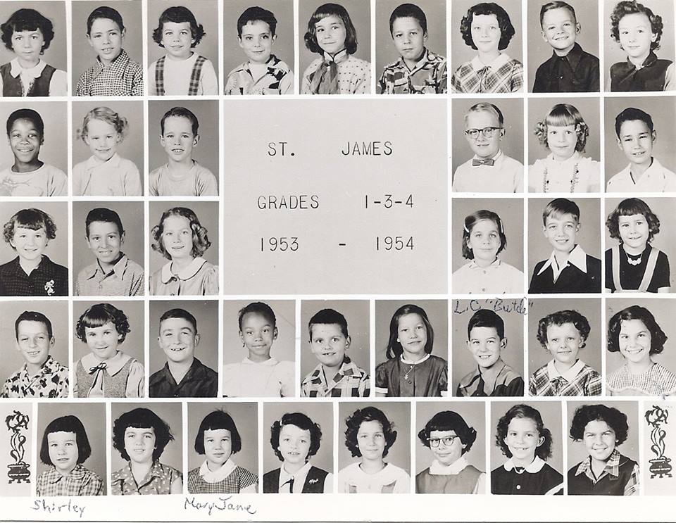 St. Jame School, 1953-54. We were in 1st Grade!!!  Row 1: Theresa (Che-Che) Boyer, Jerry Portell, Connie Cordia, Butch Maxwell, Belidia Brewer, Donnie Hornsey, Diane Pinson, James Harrelson, Carol Blandford. Row 2: John McGuire, Judy Hubbard, Ron Hubbard,